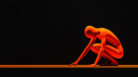 Orange figure in a full bodysuit crouching with head down, hands touching the ground, on a black background with orange lines.の素材