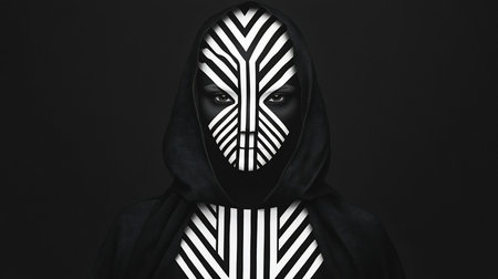 A black and white portrait of a person in a dark hood. Their face and chest are covered in a bold, graphic pattern of white stripes on a black base, with intense eyes staring forward.の素材