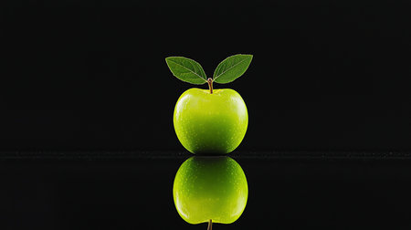 A glossy green apple with two leaves on top, reflecting on a dark, shiny surface. The apple appears fresh and healthy.の素材