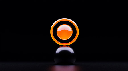 A luminous orange ring with a glossy, reflective inner sphere, perfectly balanced on a dark, smooth orb, casting a warm, subtle reflection.の素材