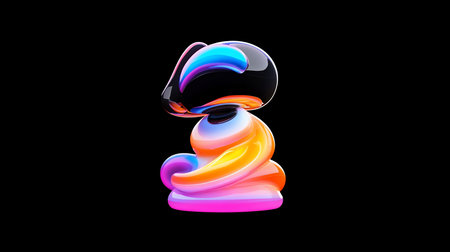 A captivating abstract 3D render, displaying a smooth, reflective surface with a vibrant gradient of pink, orange, yellow, blue, and black hues.の素材