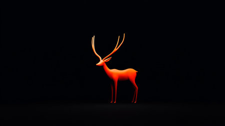 A vibrant orange deer sculpture stands tall, showcasing prominent antlers. The stylized form has smooth surfaces and a minimalist design. The deer is posed in a standing position.の素材