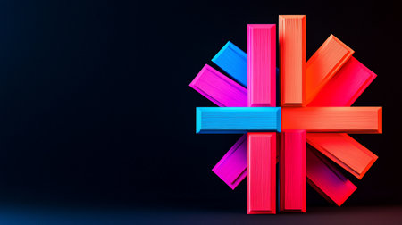 Brightly colored rectangular blocks with visible wood grain texture, arranged geometrically in a radiating star pattern, featuring a vibrant color gradient.の素材