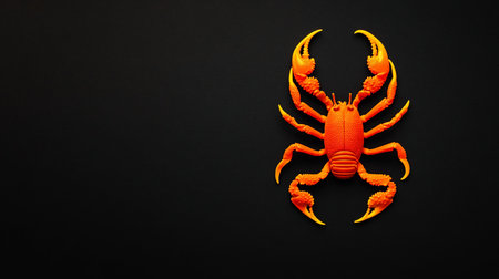 A bright orange crab with detailed texture and yellow-tipped claws, positioned against a stark black backdrop.の素材