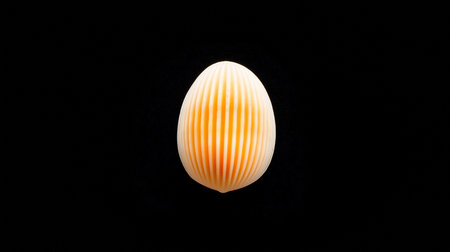 An elegant, vertically grooved egg-shaped object, featuring a smooth, matte surface with a subtle warm white and orange color gradient.の素材