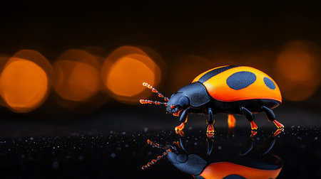 A vivid orange and black beetle with a glossy, spotted shell and a textured, granular body. It stands on its segmented legs, antennae extended.の素材