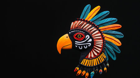A handcrafted, carved bird head sculpture in profile, featuring a black face with white patterns, a red eye, an orange beak, and a vibrant headdress of colorful feathers.の素材