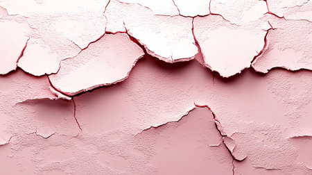 A close-up view of a distressed, bumpy pink surface. Large, deep cracks fracture the material, causing the top layer to peel and flake away, revealing darker pink tones.の素材