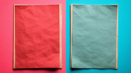 Two rectangular pieces of aged, crumpled paper, one red and one teal-green. Both sheets show a wrinkled texture with visible creases and have worn, brownish cardboard edges.の素材