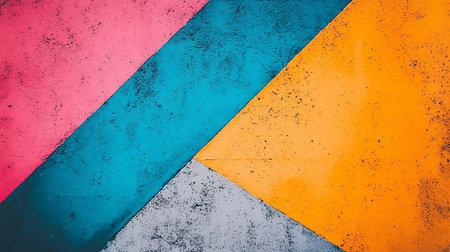 A geometric pattern featuring pink, teal, orange, and gray painted concrete surfaces with a slightly rough and textured appearance.の素材