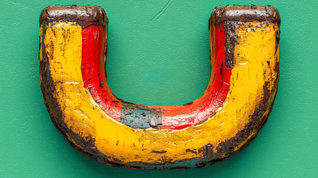 A heavily weathered U-shaped metal object displaying a rough, corroded texture with vibrant layers of chipped and peeling red and yellow paint.の素材