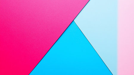 A flat lay of overlapping textured paper sheets in magenta, cyan, and pastel blue, forming a minimalist geometric pattern with sharp diagonal lines and shadows.の素材