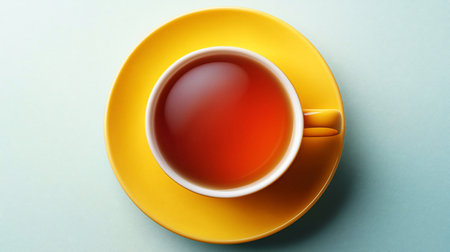 A bright yellow ceramic teacup and saucer holding dark, amber-colored black tea. The cup has a white interior, and the entire set is viewed directly from above.の素材