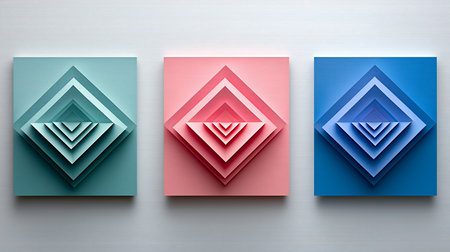 Three square panels featuring layered, nested squares in shades of teal, pink, and blue, creating a 3D effect with subtle shadows.の素材