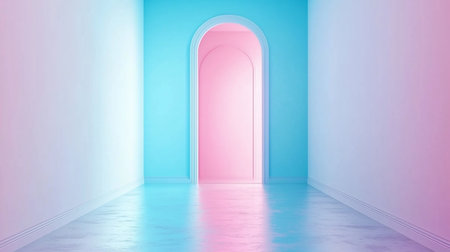 A minimalist corridor with smooth walls in a pink and turquoise gradient. A central arched doorway glows with pink light, reflected on the shiny floor.の素材