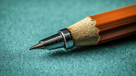 Extreme close-up of a pencil's point, showing the textured grain of the sharpened orange wood, a worn metal cone, and a fine, sharp lead tip.の素材