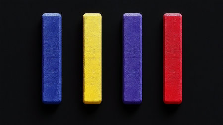 Four vertical rectangular blocks with rounded edges and a rough, painted texture. The colors are vibrant blue, yellow, purple, and red, arranged in a neat parallel row.の素材