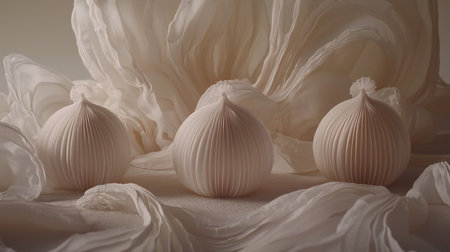 Delicate cream pleated paper spheres with distinct pointed tops. Intricate texture, soft appearance, decorative objects.の素材
