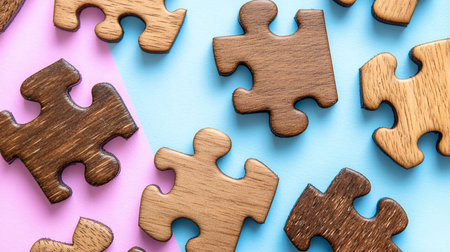 Multiple wooden jigsaw puzzle pieces, showcasing natural wood grain and varying shades of brown, scattered randomly.の素材