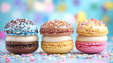 Three stacked macarons, each with a different color and sprinkle topping, creating a visually appealing and delicious treat.の素材