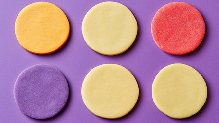 Six circular, flat sugar cookies in an assortment of bright colors, including textured orange, red, and purple, and smooth, plain yellow.の素材
