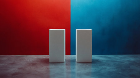 A pair of identical white rectangular plinths with a slightly grainy texture, standing upright and parallel to each other on a flat surface, ready for product display.の素材