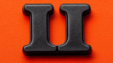 Two black plastic letter I magnets, connected at the base, featuring a textured surface and rounded edges, placed on a textured orange background.の素材