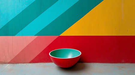 A red bowl with a green interior sits against a wall painted with teal, yellow, red, and pink stripes.の素材