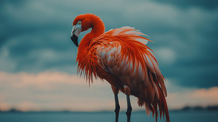Majestic flamingo with vivid coral-orange plumage, white wing accents, a long curved neck, and a prominent black-tipped beak, standing gracefully.の素材