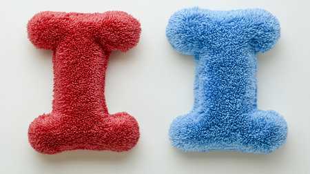 Vibrant red and blue fluffy objects, each shaped like a capital 'I', showcasing a distinct shaggy, deep pile texture. Soft and plush.の素材