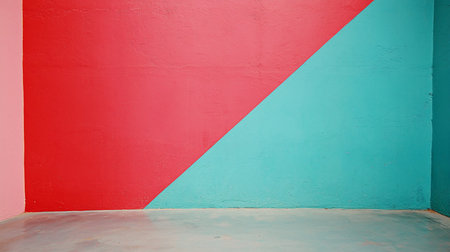 Textured wall and floor painted in vibrant colors. The wall features a diagonal split of bold red and bright teal, with a narrow pink vertical stripe. The floor is light blue.の素材