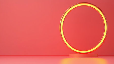 A vertical circular ring with an inner glowing yellow light, encased in a shiny rose gold metallic frame, standing upright on a small, flat cylindrical pedestal.の素材