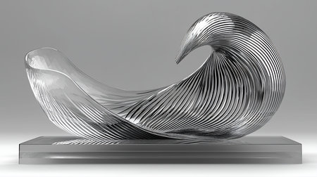 A clear and silver abstract sculpture featuring curving lines, resting on a transparent glass base, creating a modern and elegant design.の素材
