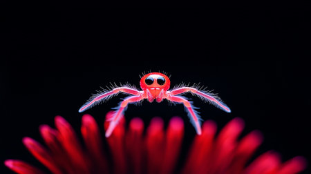A small, fuzzy red jumping spider with prominent, large black eyes. Its body and legs are covered in fine, light-colored hairs, and it faces forward in a curious stance.の素材