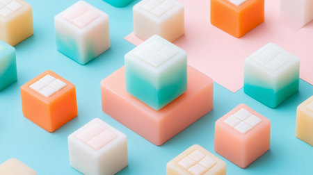Smooth, cube-shaped objects in soft pastel colors, including solid and gradient hues. Each features a raised square pattern on its top surface.の素材