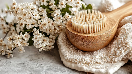A natural wooden body brush with light, firm bristles, designed for dry brushing. Features a smooth, textured bamboo-like handle and a round head.の素材