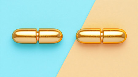 Pair of opulent golden metallic capsules, horizontally aligned, with a highly reflective, subtly textured surface and distinct rounded ends.の素材