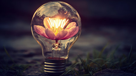 A clear lightbulb contains a pink flower and a glowing filament. The bulb has a metal base and is set on a textured surface.の素材