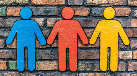 Three stylized human figures, blue, red, and yellow, holding hands, with a rough painted texture. They are standing against a brick wall.の素材
