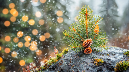 Fresh green pine branch with sharp needles and two textured brown pinecones on a wet, dark gray rock covered in vibrant green moss.の素材