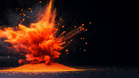 Dynamic burst of bright orange powder, forming a vibrant cloud with fine particles suspended and scattering in motion.の素材