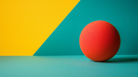 A vibrant red sphere with a textured surface sits on a teal surface, set against a backdrop of yellow and teal colors.の素材