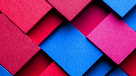 A close-up of overlapping geometric blocks with a fine-grained texture. The dynamic composition features vibrant shades of red, pink, and blue, creating a 3D effect.の素材