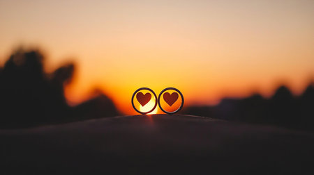 A pair of identical, polished metallic rings, each featuring a distinct heart cutout, standing upright.の素材