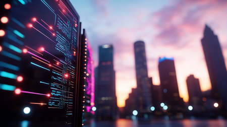 Sleek dark panel displaying vibrant blue and pink digital data, glowing lines, and red connection points, suggesting active network flow.の素材