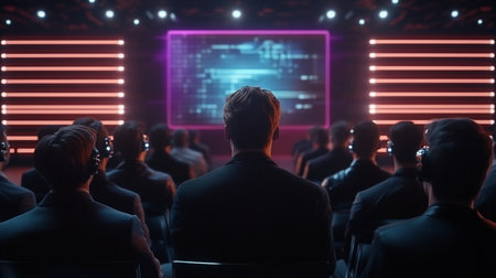 Diverse audience members from behind, seated in dark suits, wearing modern headphones, focused on a bright, glowing screen ahead.の素材