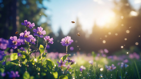 A close-up of delicate purple wildflowers with green leaves and stems covered in sparkling dew drops, with several bees flying around them in the warm, soft sunlight.の素材