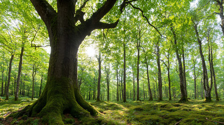 A massive, moss-covered tree stands in a sun-drenched forest. The ground is a lush carpet of moss, illuminated by sunbeams filtering through the vibrant green canopy.の素材