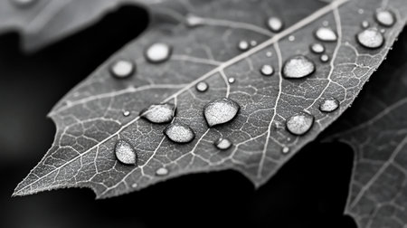 Close-up of a leaf with intricate veins and water droplets. The droplets reflect light, creating a textured surface. The leaf's edges are slightly torn.の素材