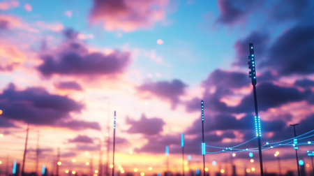 Tall, slender structures with glowing blue LED lights and connected lines, set against a vibrant sunset sky. The lights are arranged in vertical columns.の素材